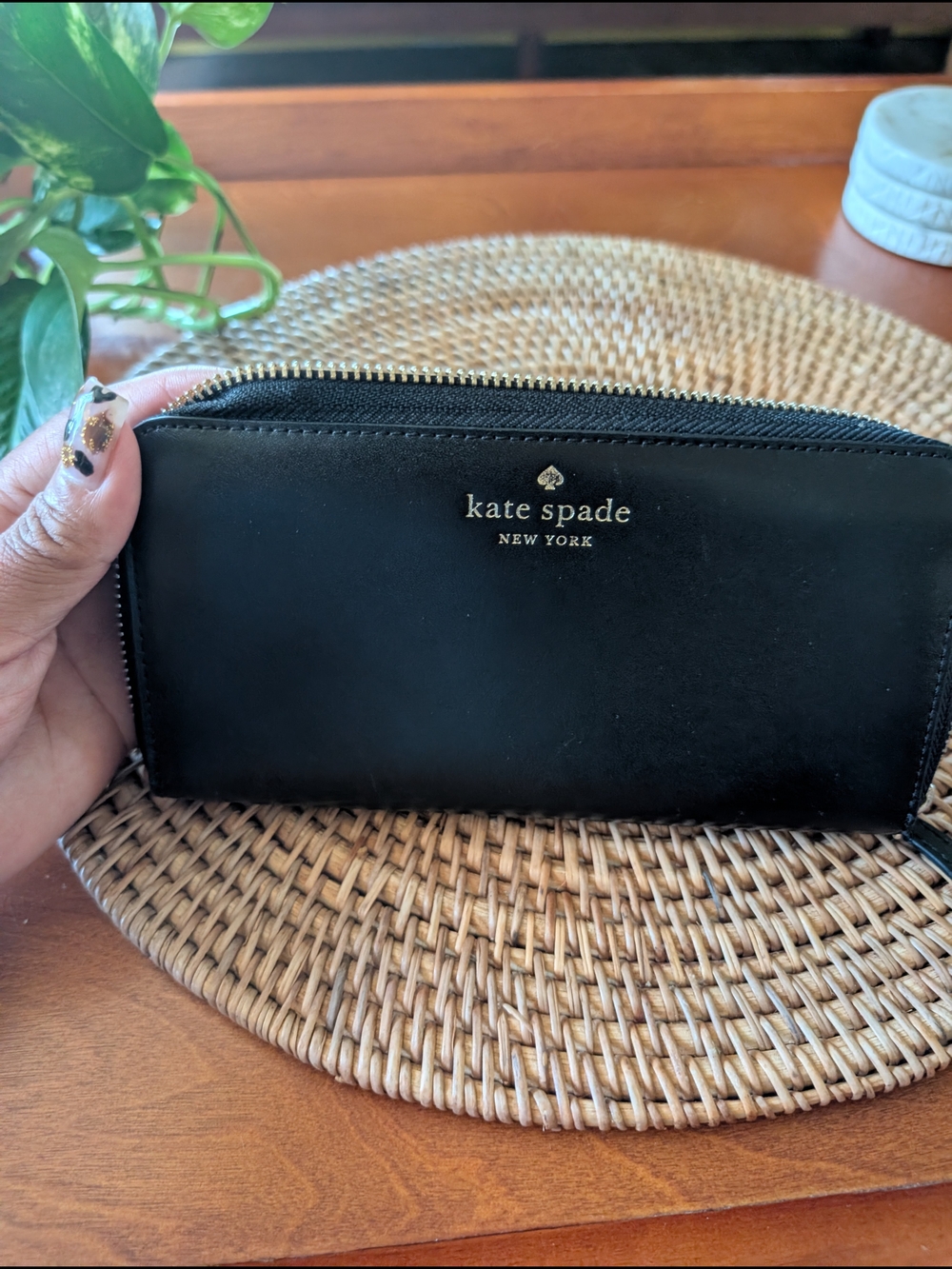 kate spade Black Leather Zip Wallet with Gold Logo